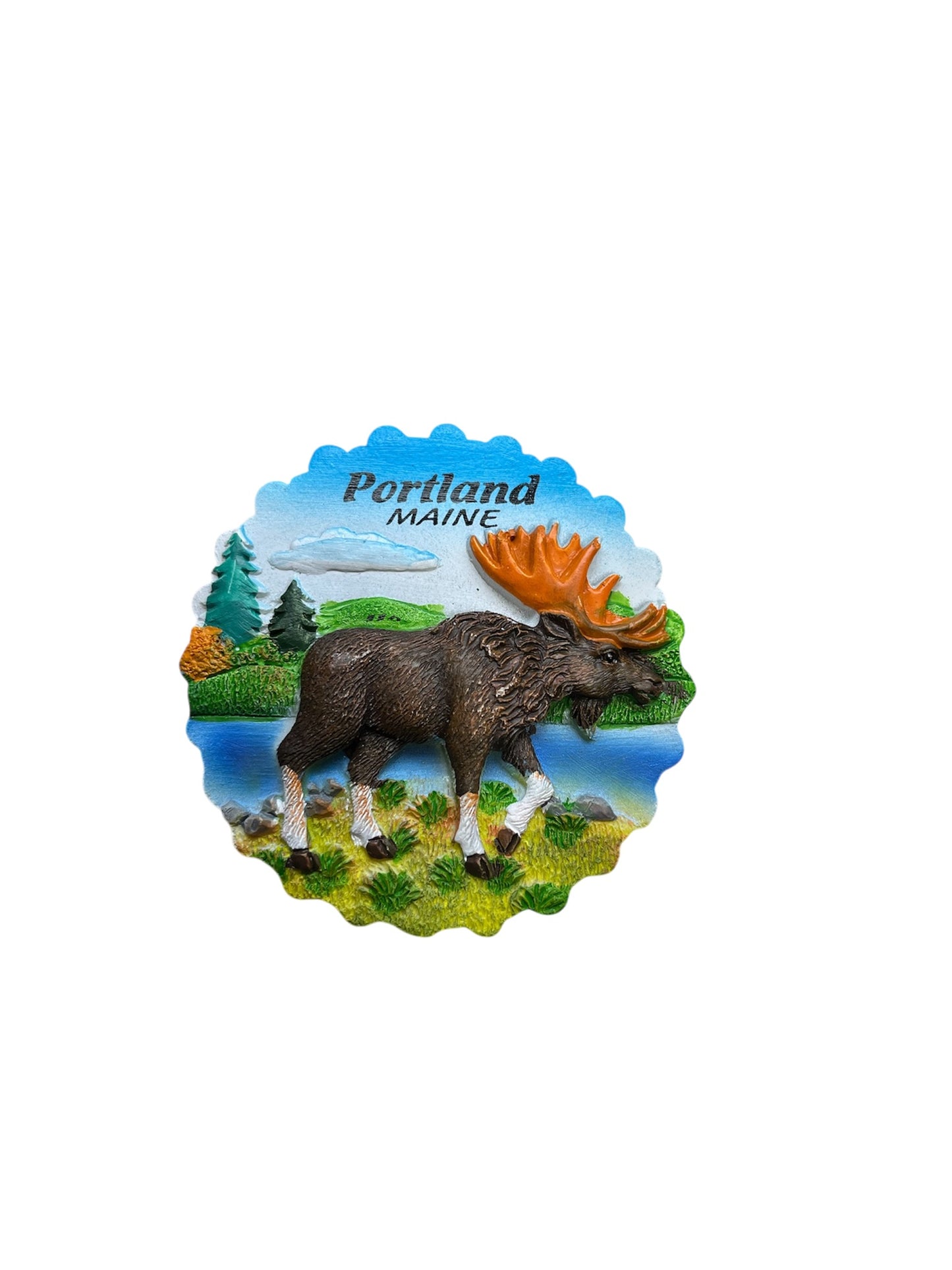 **Portland, Maine with Moose Scene Round Refrigerator Magnet**