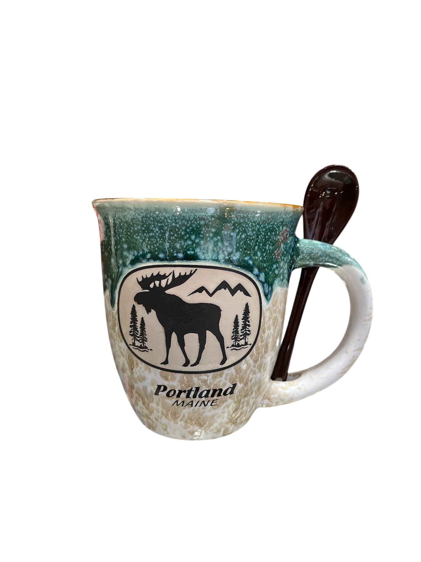 Moose Pine Tree Scenes with Spoon Portland, Maine Coffee Mug