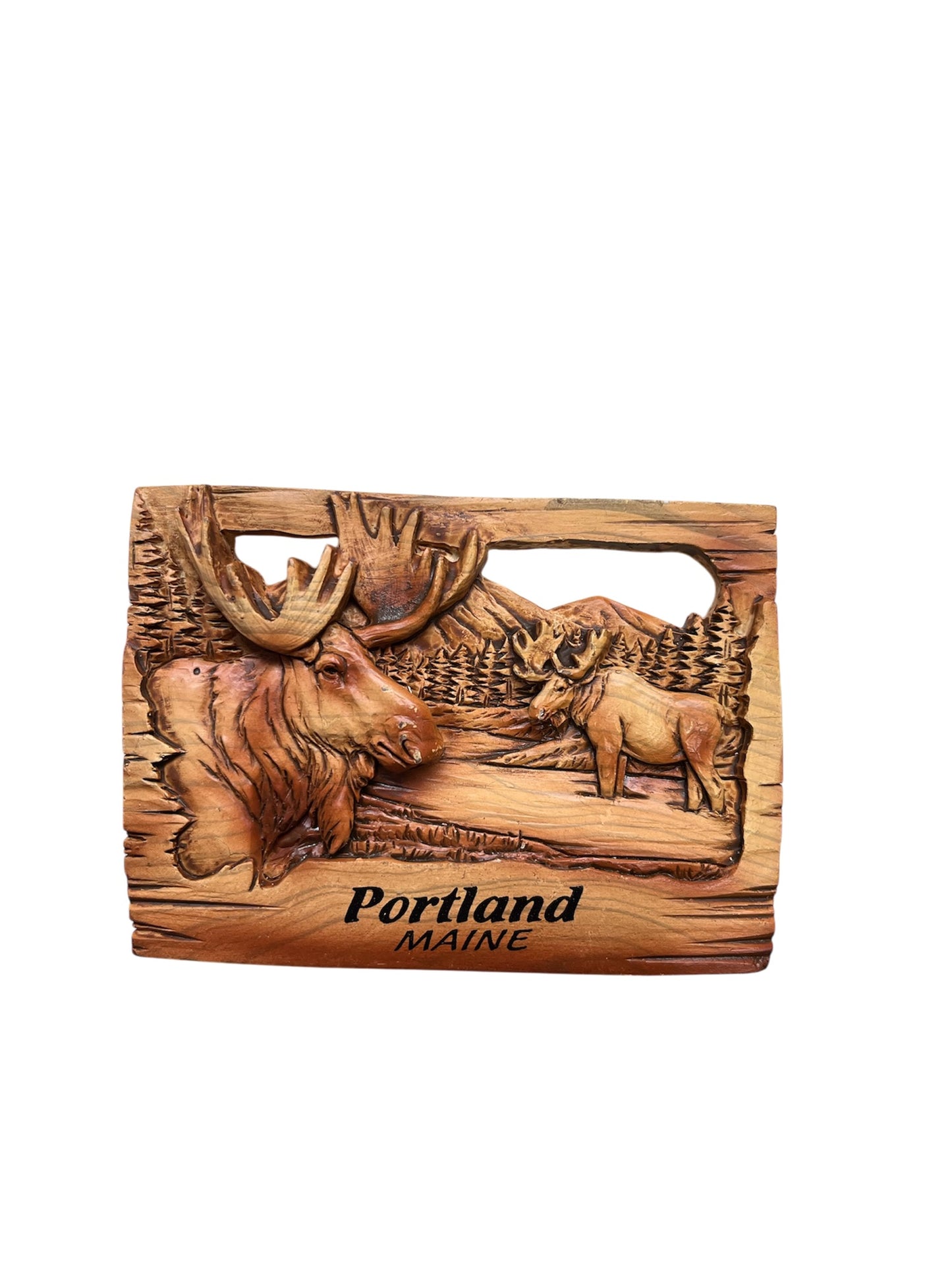 **Moose Carved Wooden Portland, Maine Refrigerator Magnet**