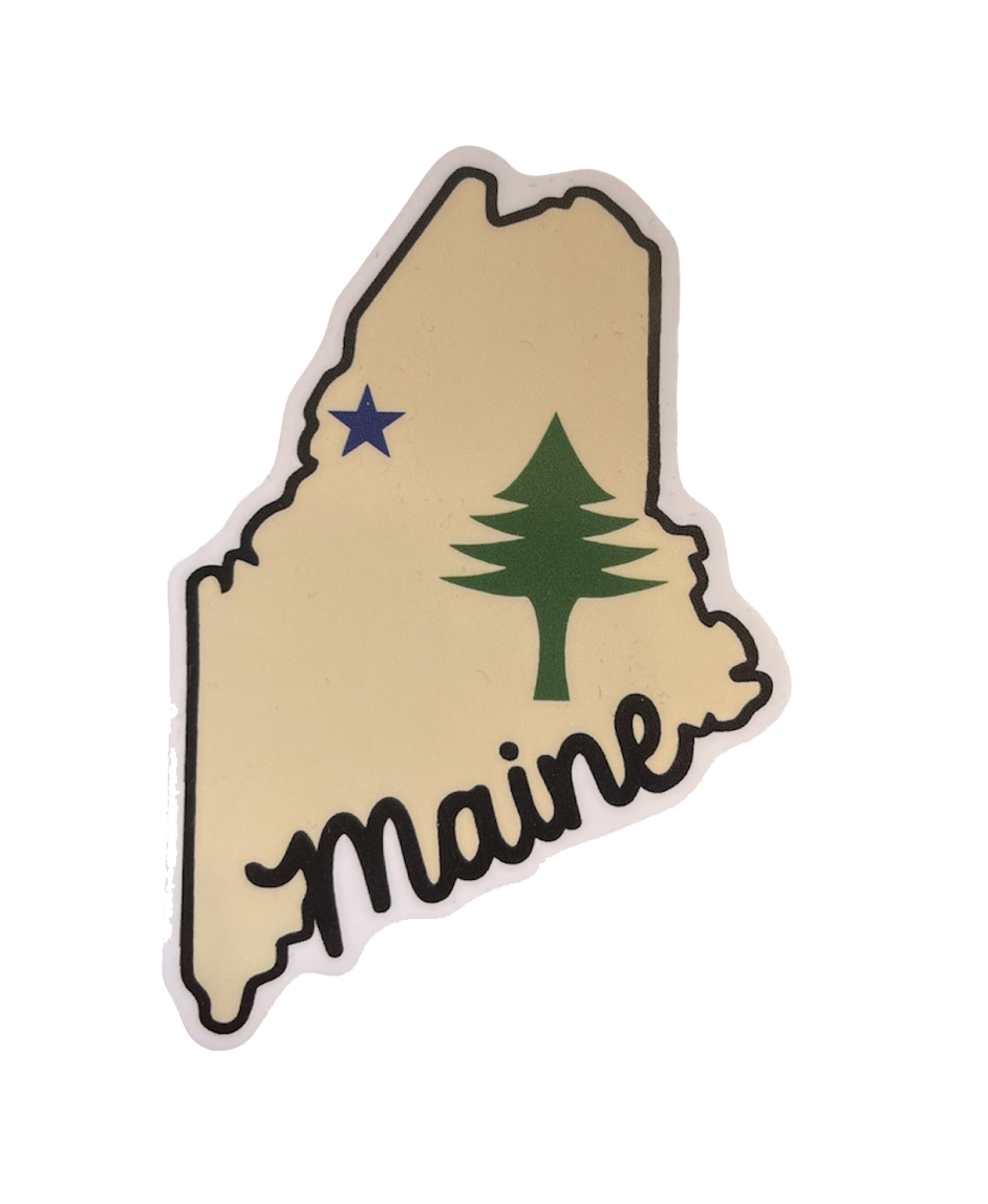 Maine State Outline with Pine Tree & North Star Sticker - 4” x 2”
