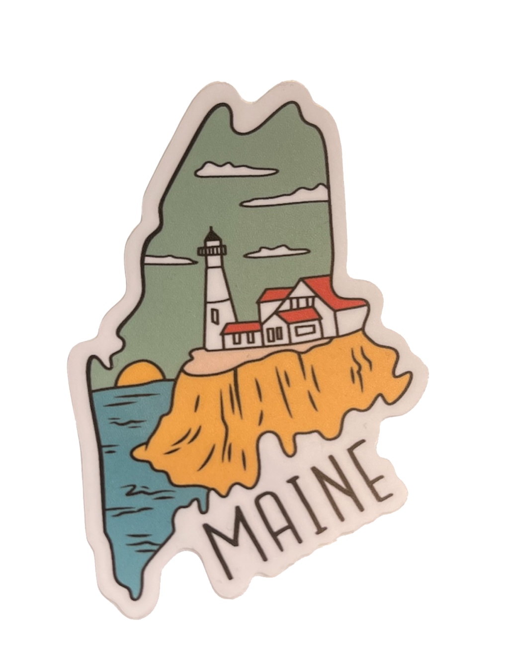 Maine State Outline with Lighthouse Sticker - 4” x 2”