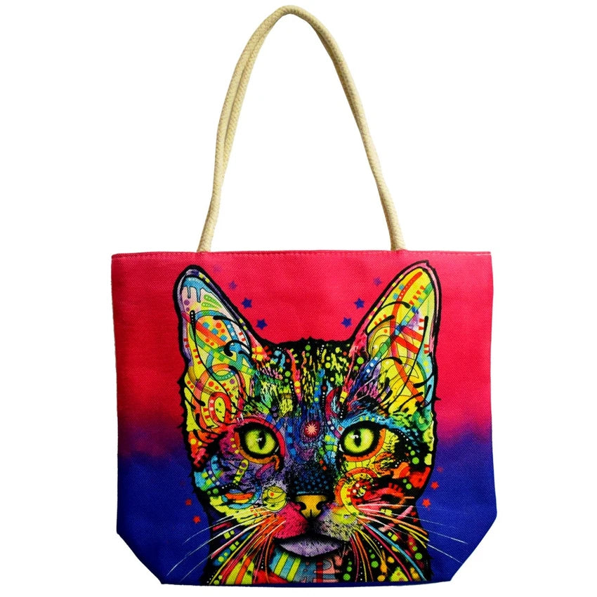 Psychedelic Cat Jute Rope-Handled Tote Bag | 16"x15"