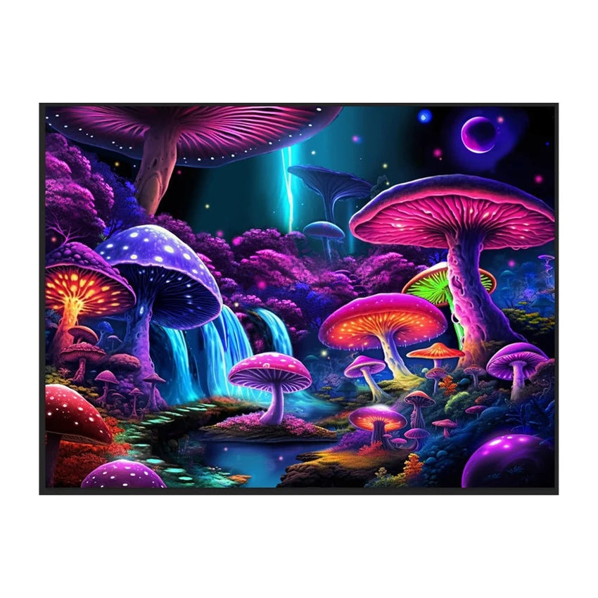 Mushroom World Black Light Reactive Wall Tapestry | 81"x53"