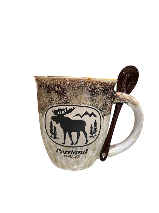 Moose Pine Tree Scenes with Spoon Portland, Maine Coffee Mug