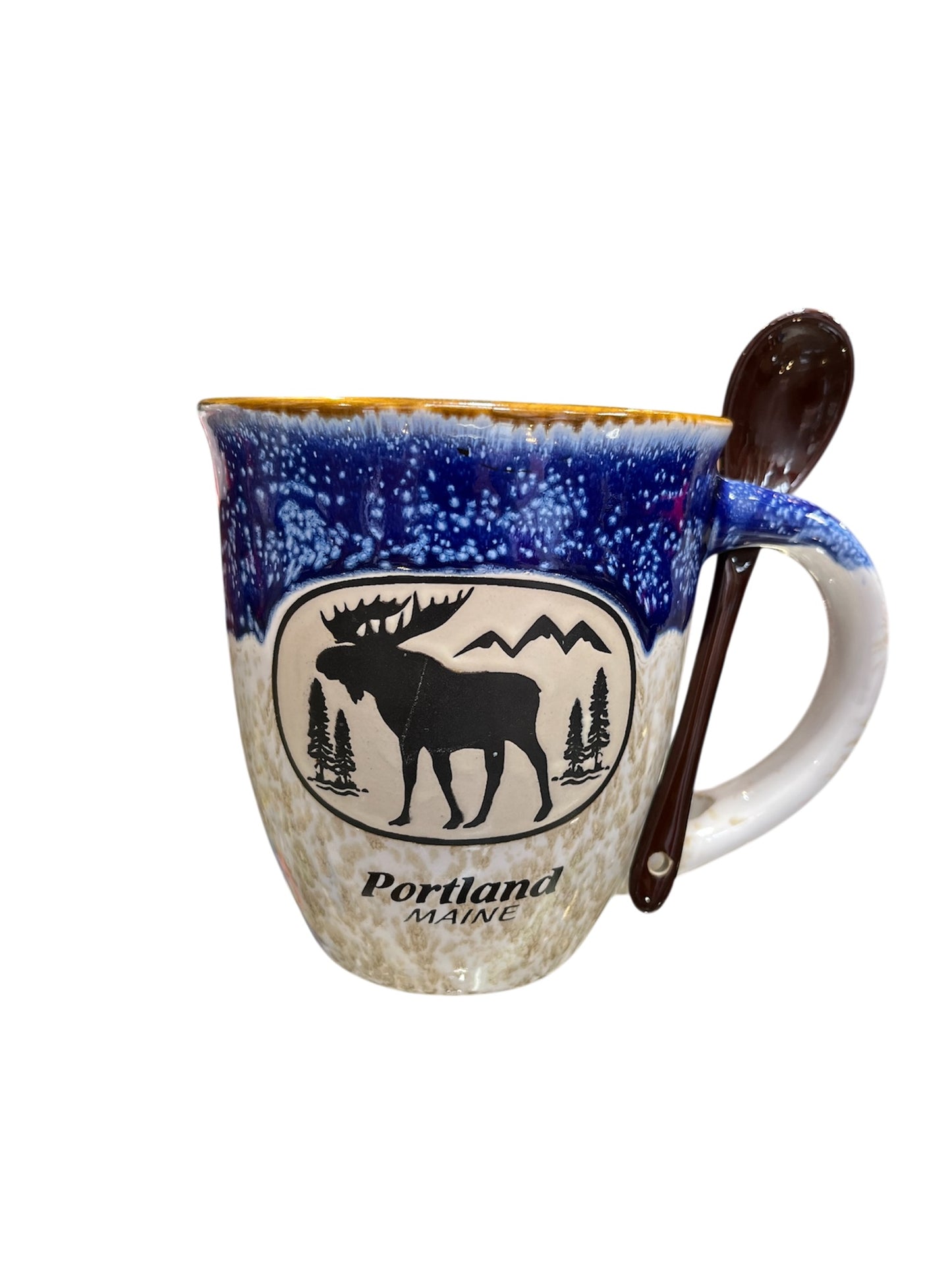 Moose Pine Tree Scenes with Spoon Portland, Maine Coffee Mug