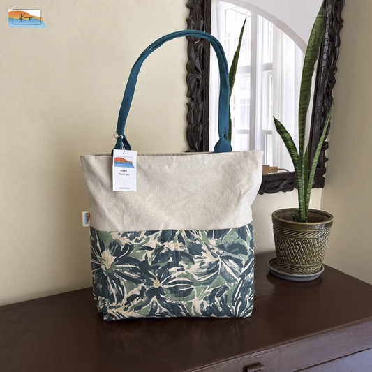Navy Canvas Flower Pattern Tote Bag
