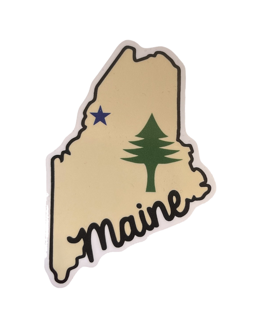 Maine State Outline with Pine Tree & North Star Sticker - 4” x 2”
