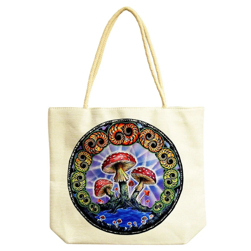 DuBois Mushrooms Jute Rope-Handled Tote Bag | 16"x15