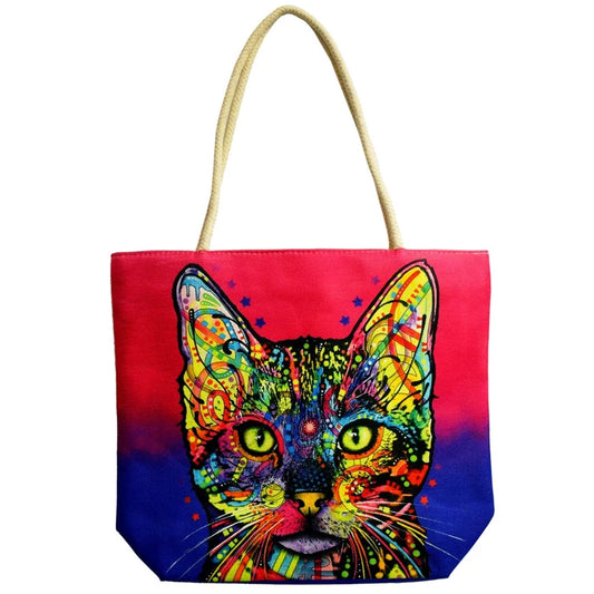 Psychedelic Cat Jute Rope-Handled Tote Bag | 16"x15"
