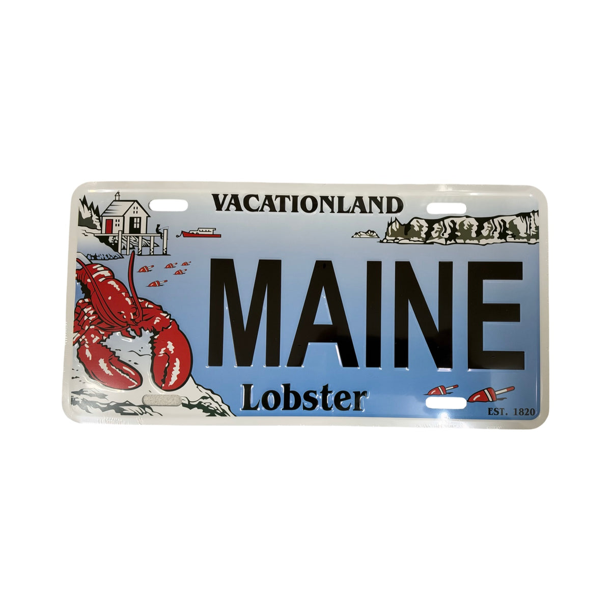 Maine Vacationland Lobster souvenir license plate with red lobster and coastal artwork