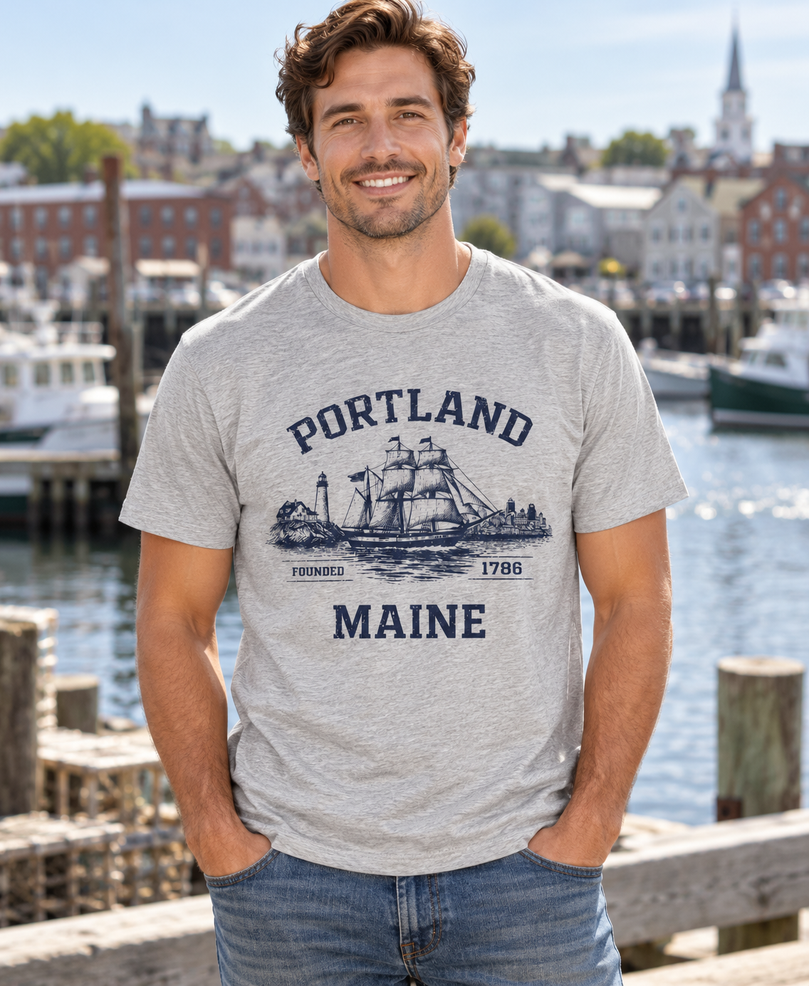 Model wearing a heather gray Portland Maine sailing ship T-shirt