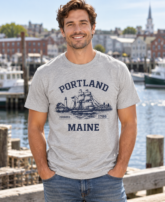 Model wearing a heather gray Portland Maine sailing ship T-shirt